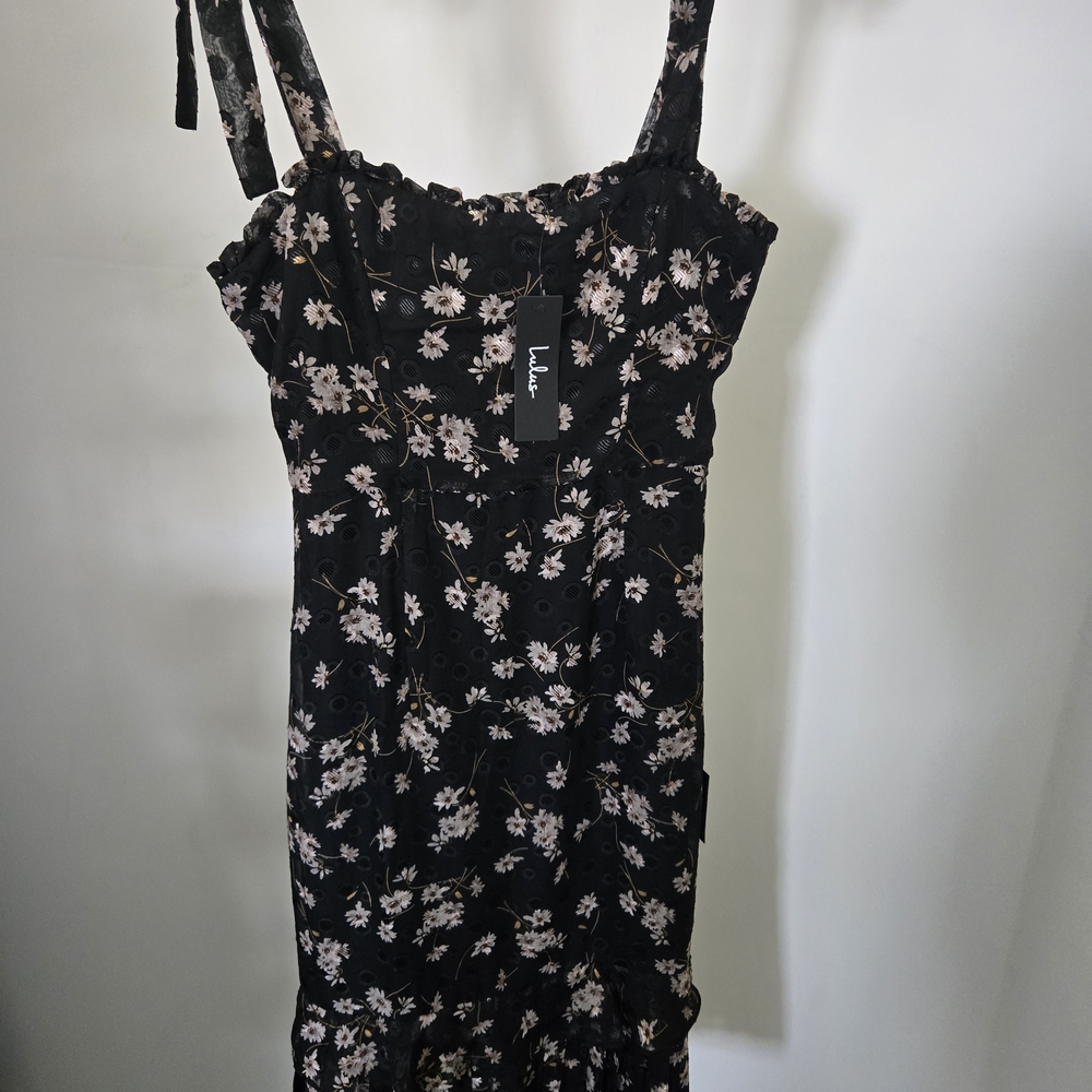 Terrace Views Black Floral Print Tiered Midi Dress Size M
